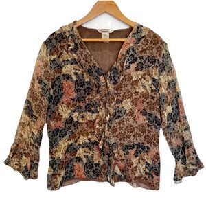 Edward Y2K Silk Floral Ruffle Blouse Small 3/4 Length Bell Sleeve Romantic Boho